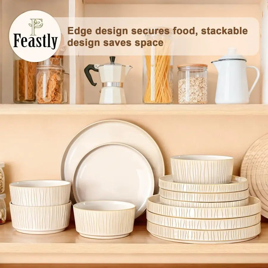 Stoneware Dinnerware Sets For 4 12 Piece Ribbed Reactive Glaze