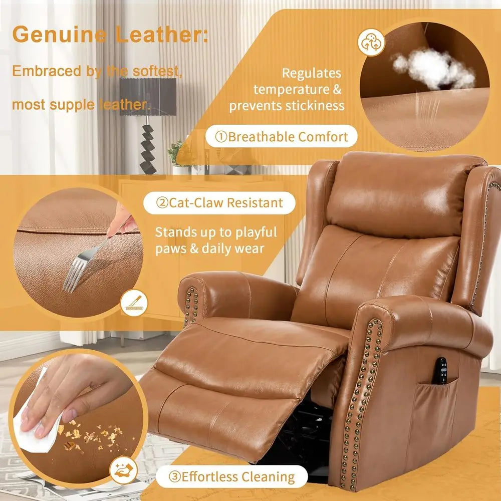 Leather Swivel Glider Chair With Lumbar Heat Massage And Vibration