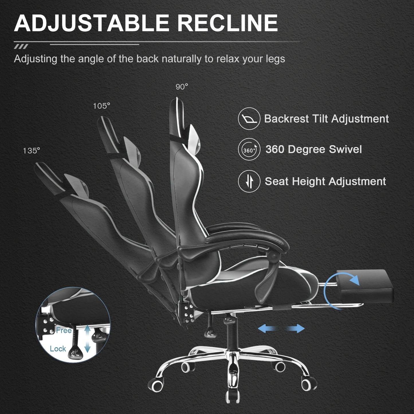 GTPLAYER Gaming Chair With Footrest And Adjustable Lumbar Support