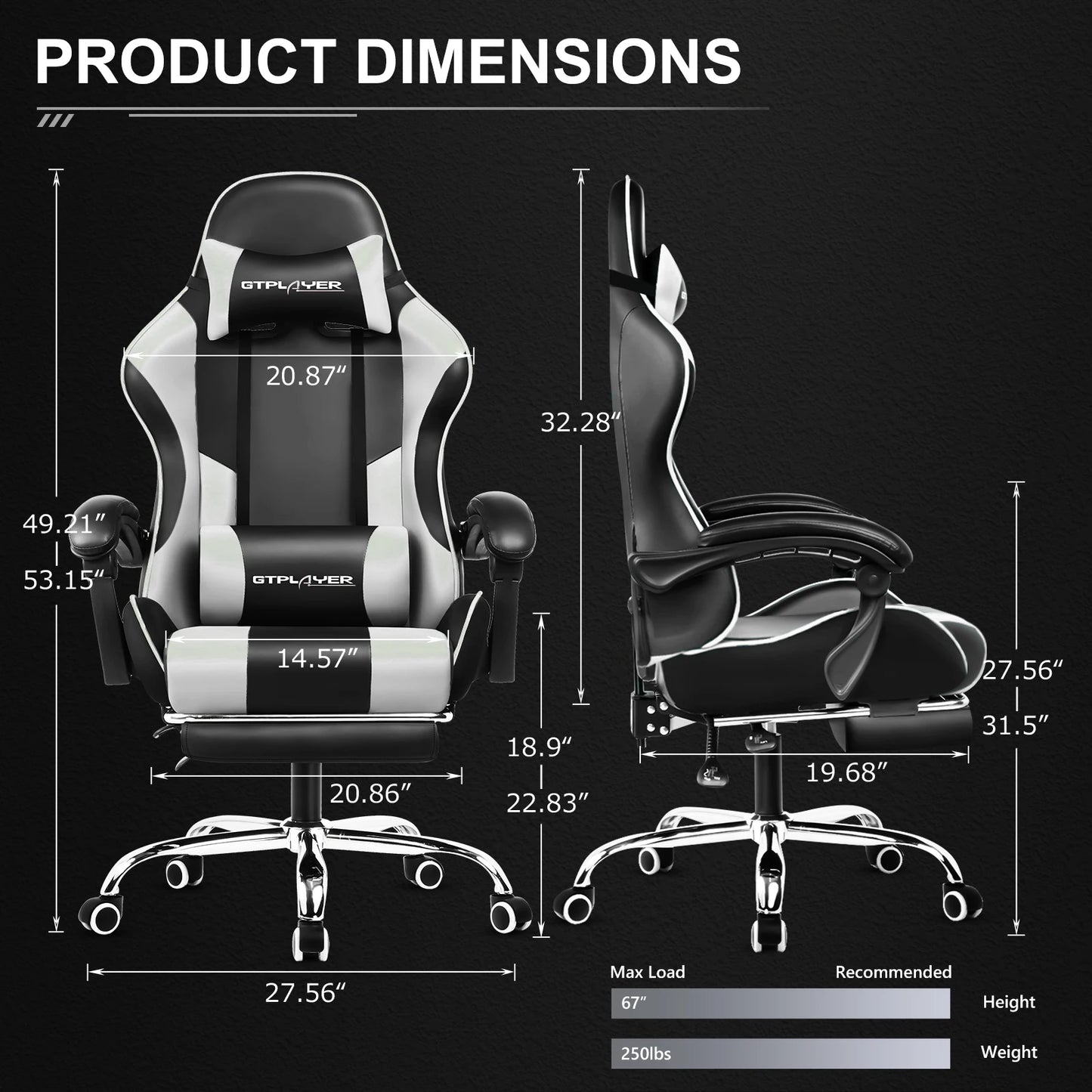 GTPLAYER Gaming Chair With Footrest And Adjustable Lumbar Support