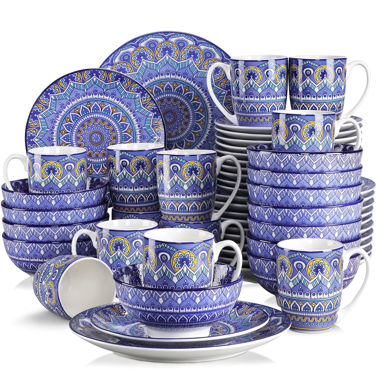 MALACASA Mandala Geometric Ceramic Dinnerware Set With Plates Bowls Mugs