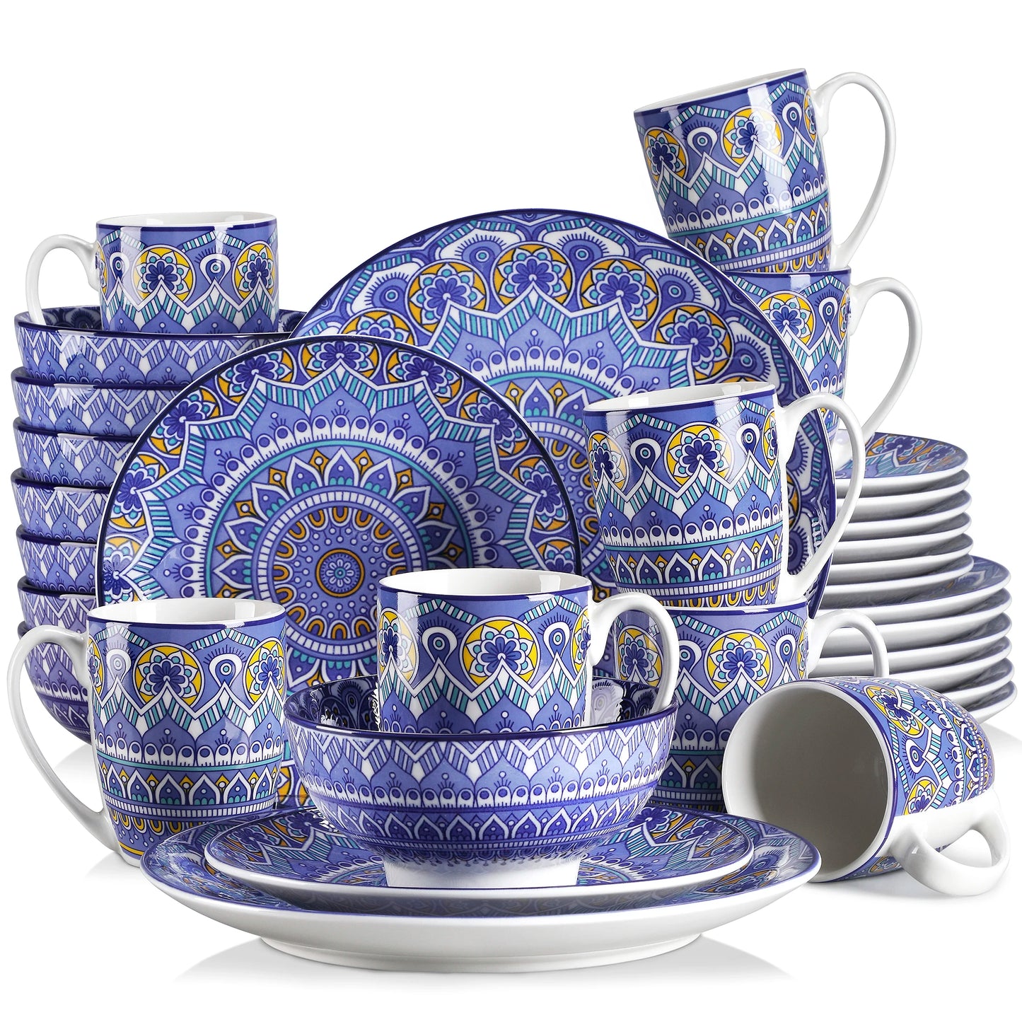 MALACASA Mandala Geometric Ceramic Dinnerware Set With Plates Bowls Mugs