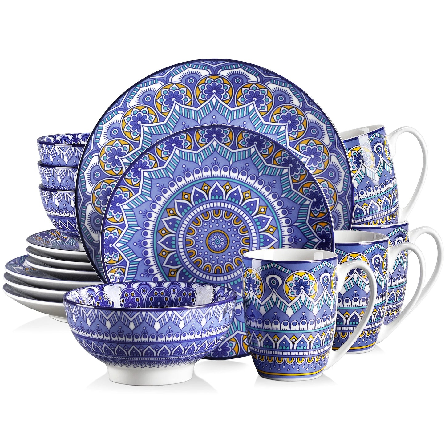 MALACASA Mandala Geometric Ceramic Dinnerware Set With Plates Bowls Mugs