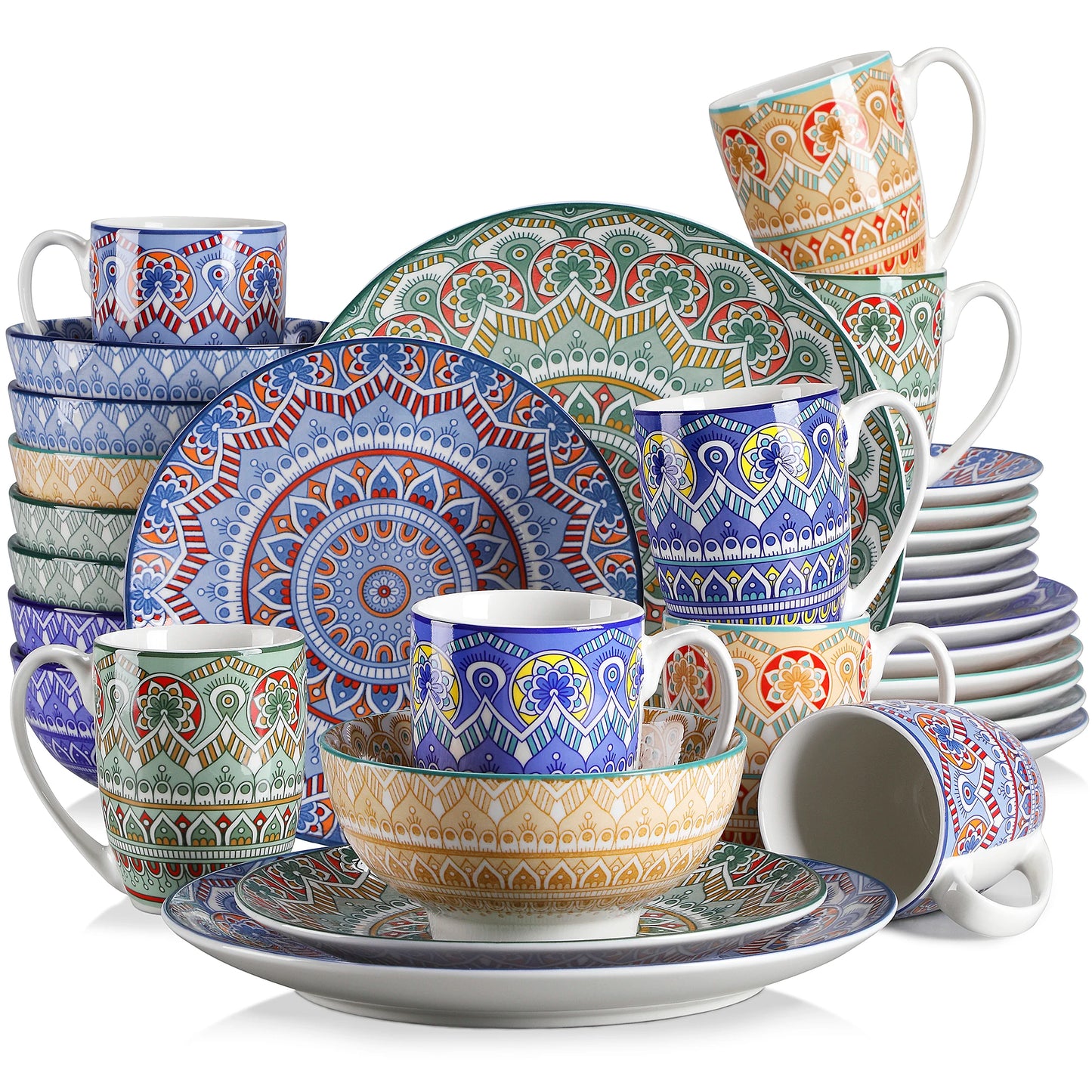 MALACASA Mandala Geometric Ceramic Dinnerware Set With Plates Bowls Mugs