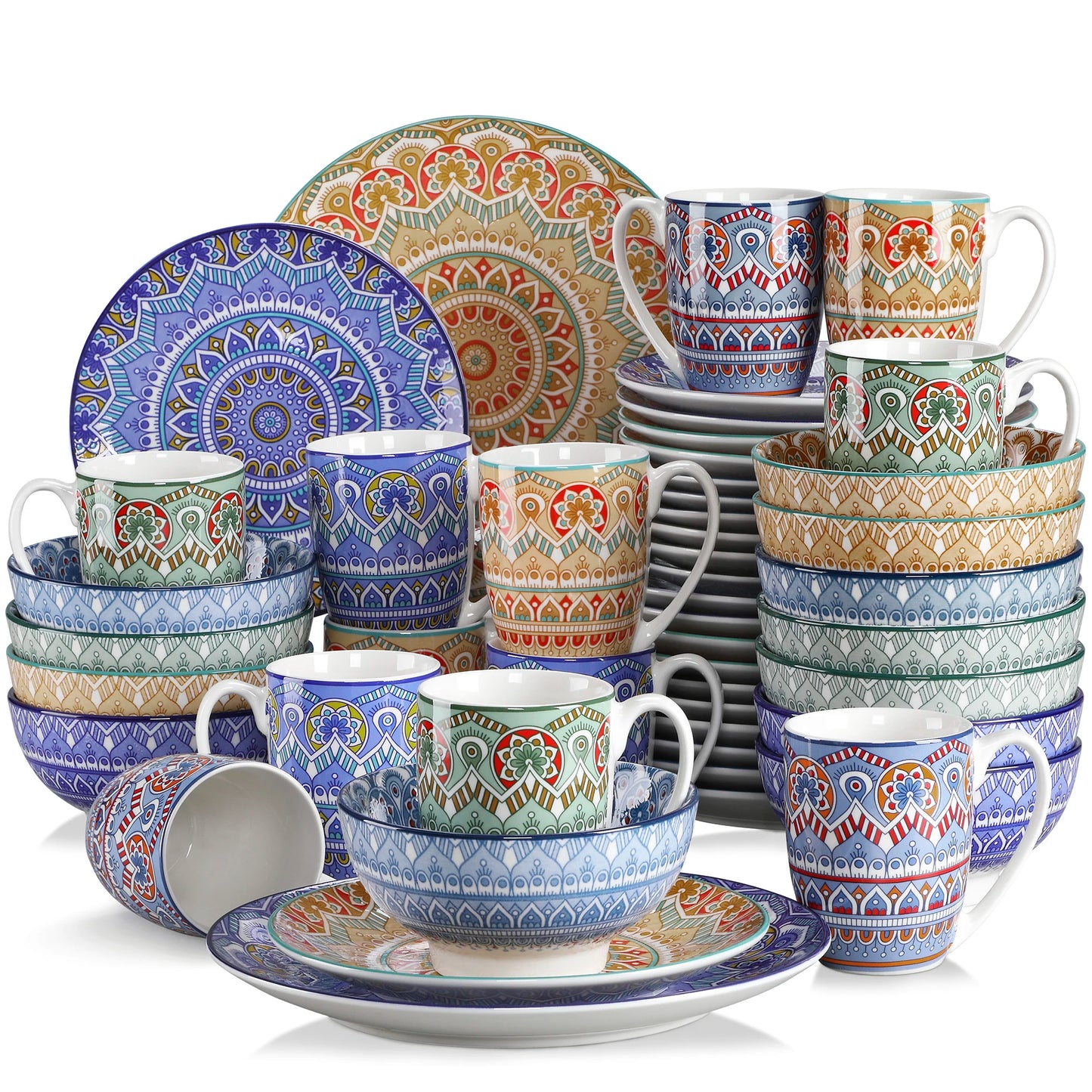 MALACASA Mandala Geometric Ceramic Dinnerware Set With Plates Bowls Mugs