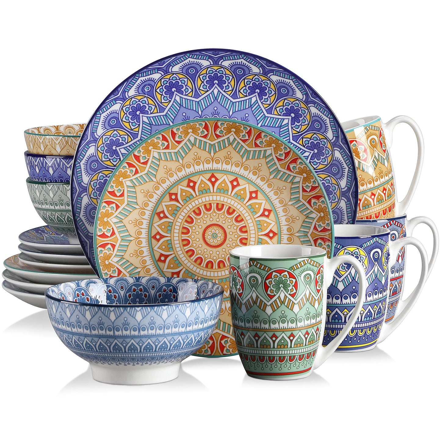 MALACASA Mandala Geometric Ceramic Dinnerware Set With Plates Bowls Mugs