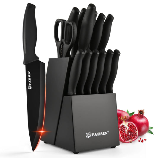 KATISUN 15-Piece Stainless Steel Knife Block Set With Built-In Sharpener