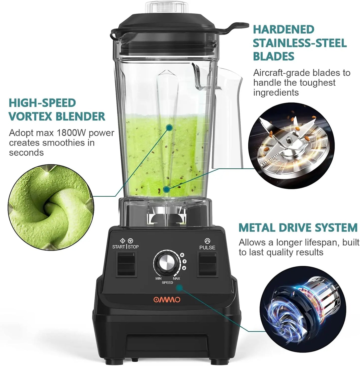1800W Professional Blender With Stainless Steel Blades BPA Free