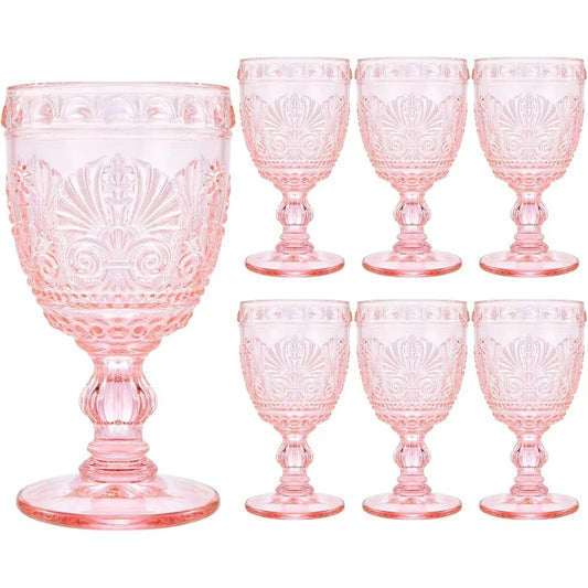 NONEDrinkware 6 Piece Wine Glass Set Vintage Embossed Glassware