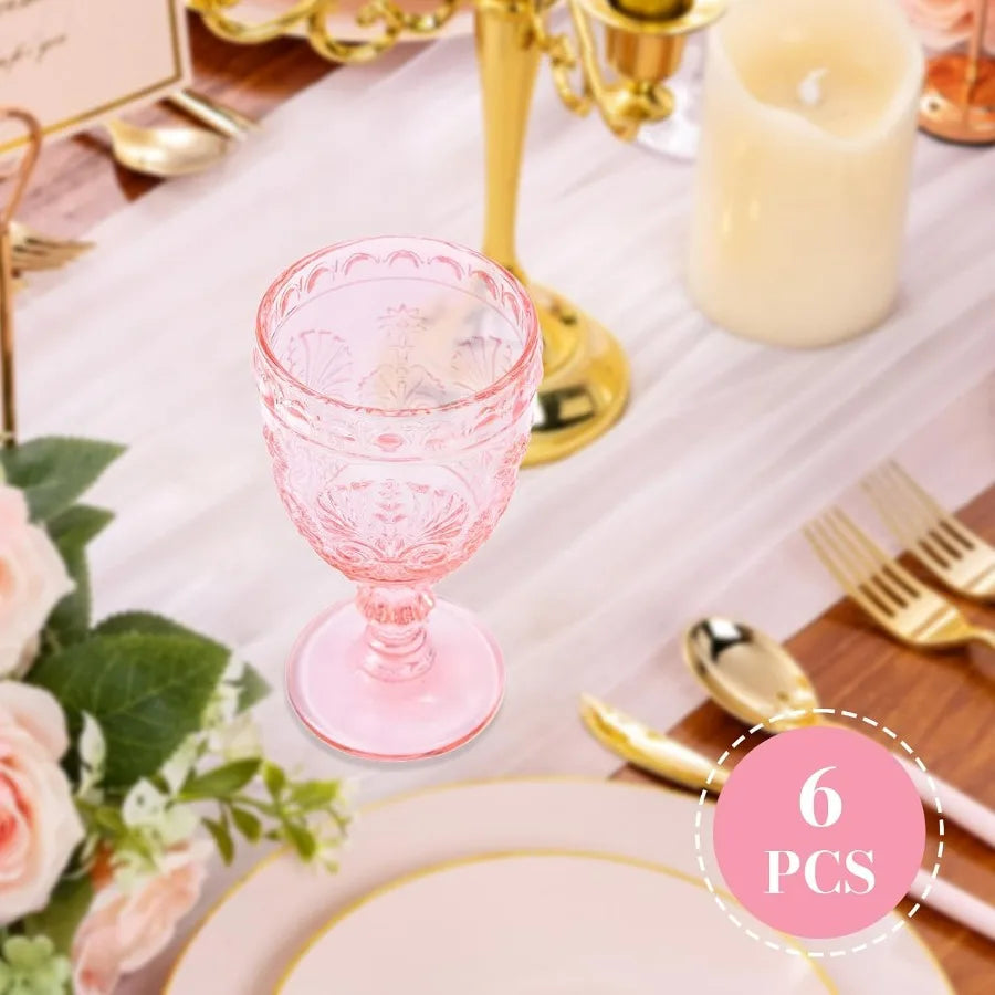 NONEDrinkware 6 Piece Wine Glass Set Vintage Embossed Glassware