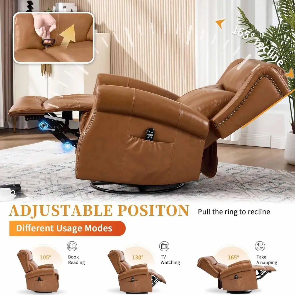 Leather Swivel Glider Chair With Lumbar Heat Massage And Vibration