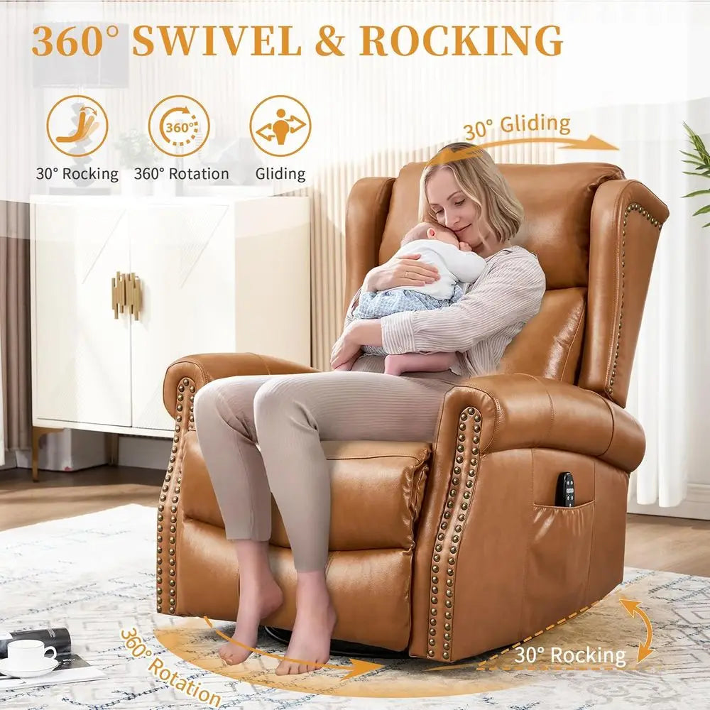 Leather Swivel Glider Chair With Lumbar Heat Massage And Vibration