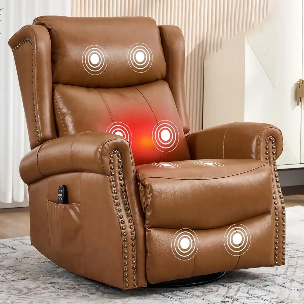 Leather Swivel Glider Chair With Lumbar Heat Massage And Vibration
