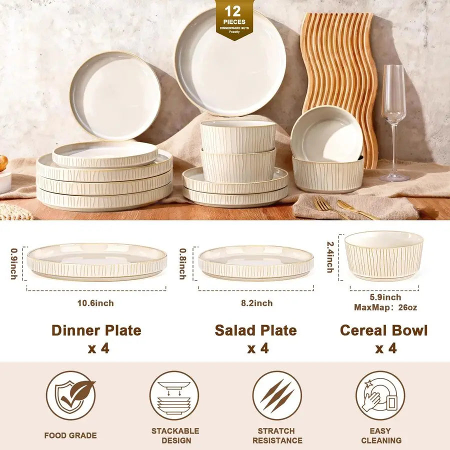 Stoneware Dinnerware Sets For 4 12 Piece Ribbed Reactive Glaze