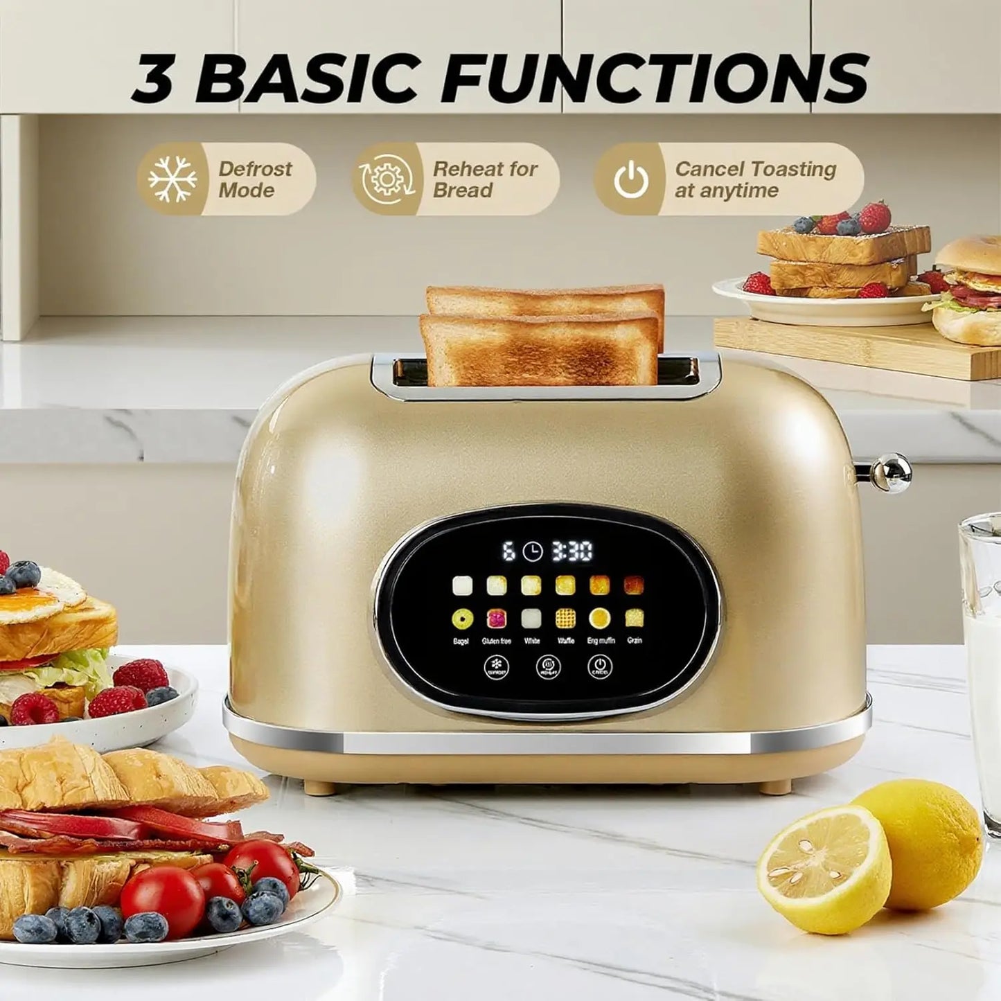 Smart Touchscreen Two Slice Toaster Digital Timer Defrost Reheat Settings