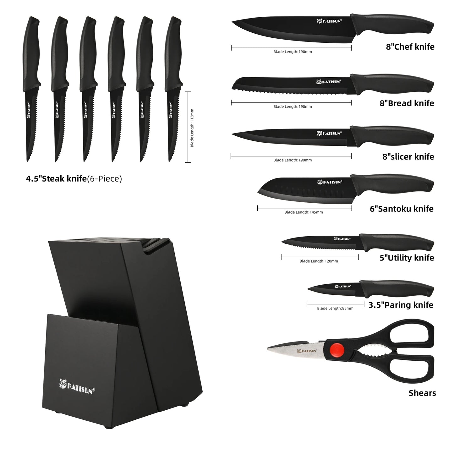 KATISUN 15-Piece Stainless Steel Knife Block Set With Built-In Sharpener