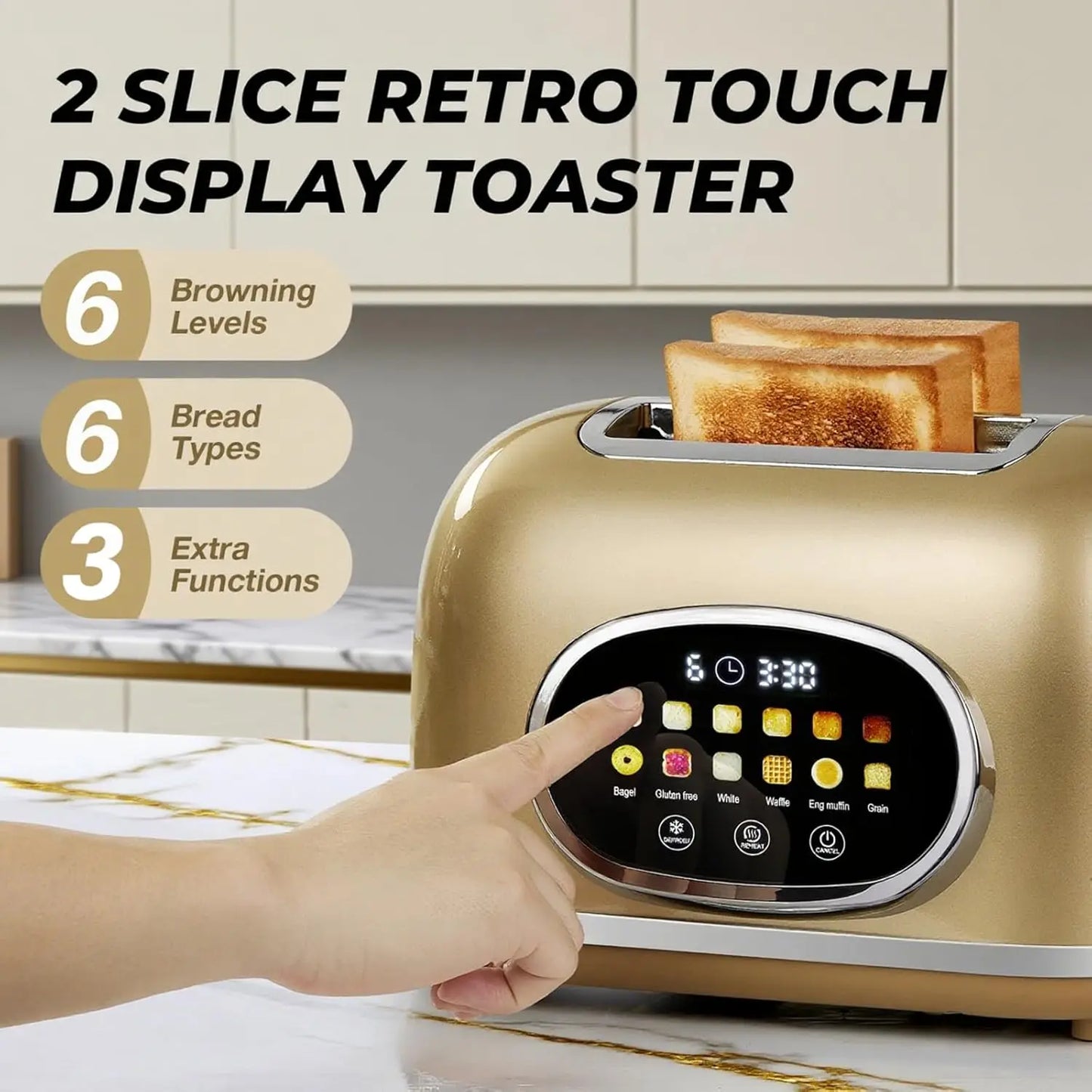 Smart Touchscreen Two Slice Toaster Digital Timer Defrost Reheat Settings