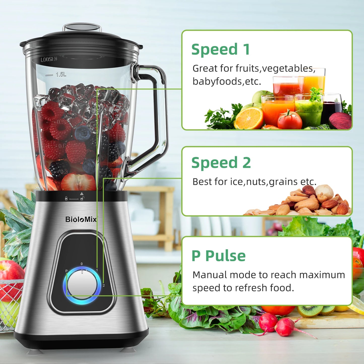 Biolomix 1300W Smoothie Blender With Glass Jar Included