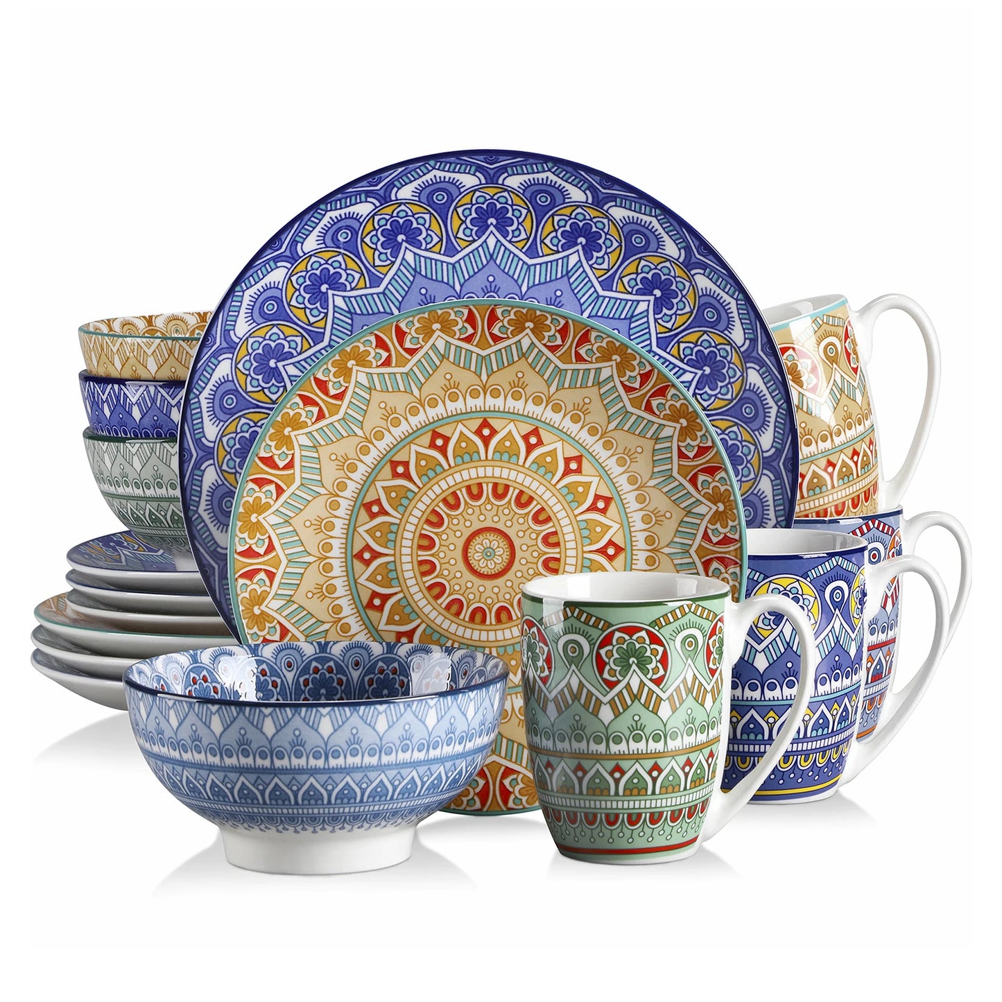 MALACASA Mandala Geometric Ceramic Dinnerware Set With Plates Bowls Mugs