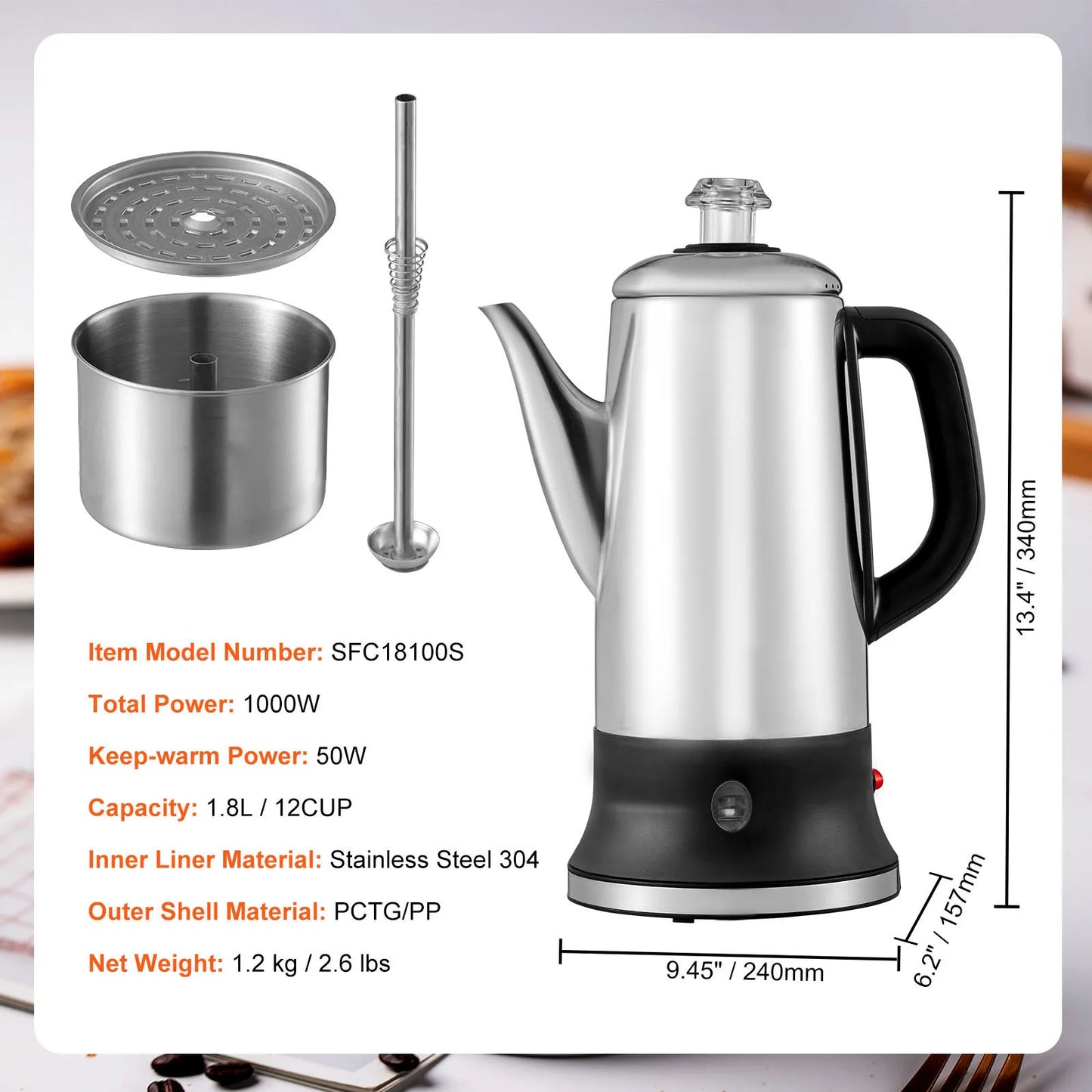 SucceBuy 12-Cup Electric Percolator Coffee Pot Stainless Steel Keep Warm