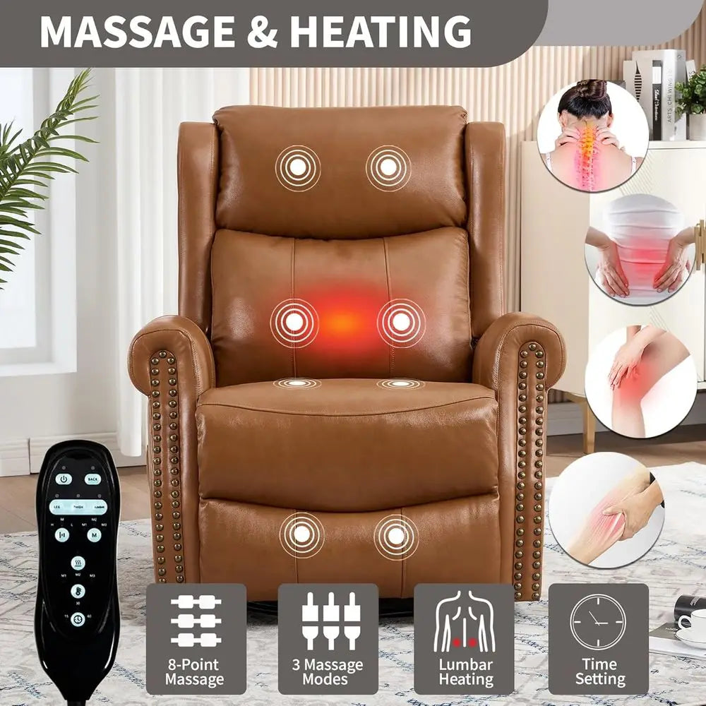 Leather Swivel Glider Chair With Lumbar Heat Massage And Vibration