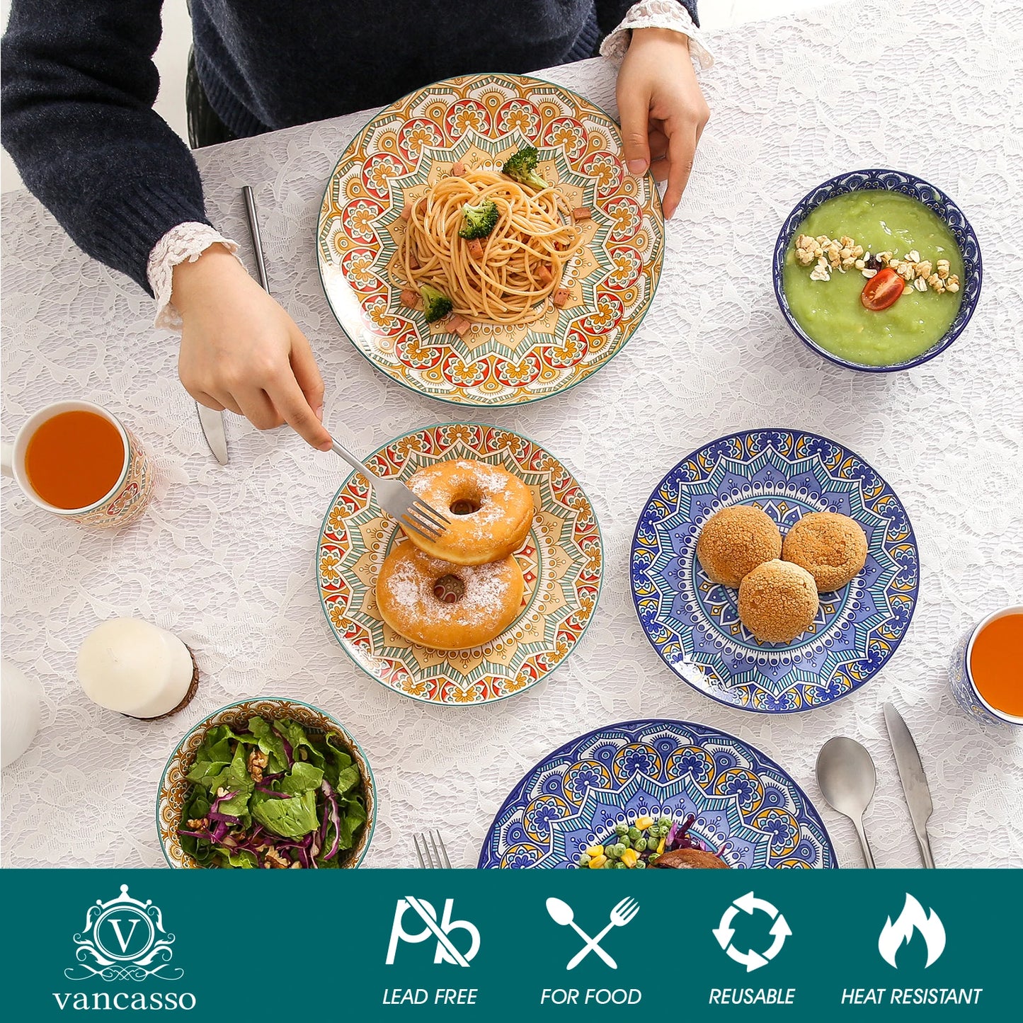 MALACASA Mandala Geometric Ceramic Dinnerware Set With Plates Bowls Mugs