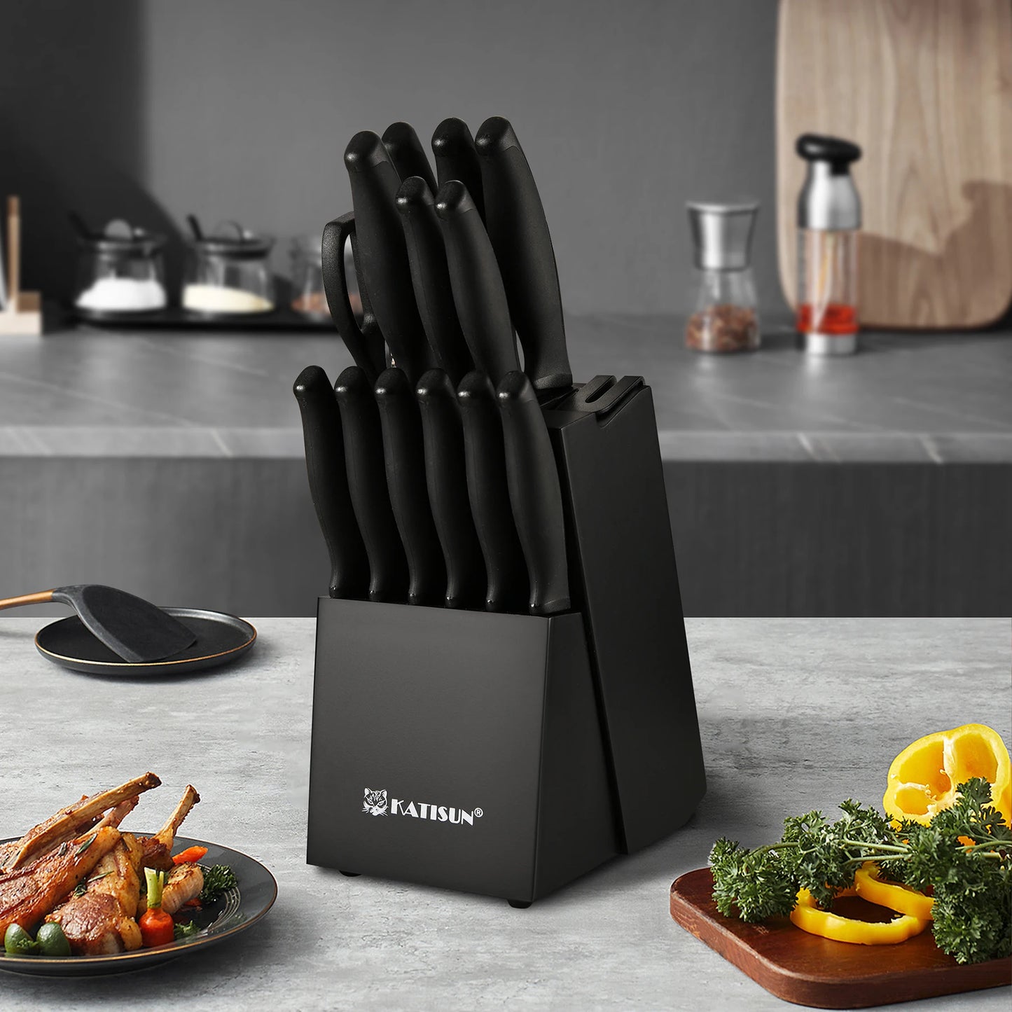 KATISUN 15-Piece Stainless Steel Knife Block Set With Built-In Sharpener