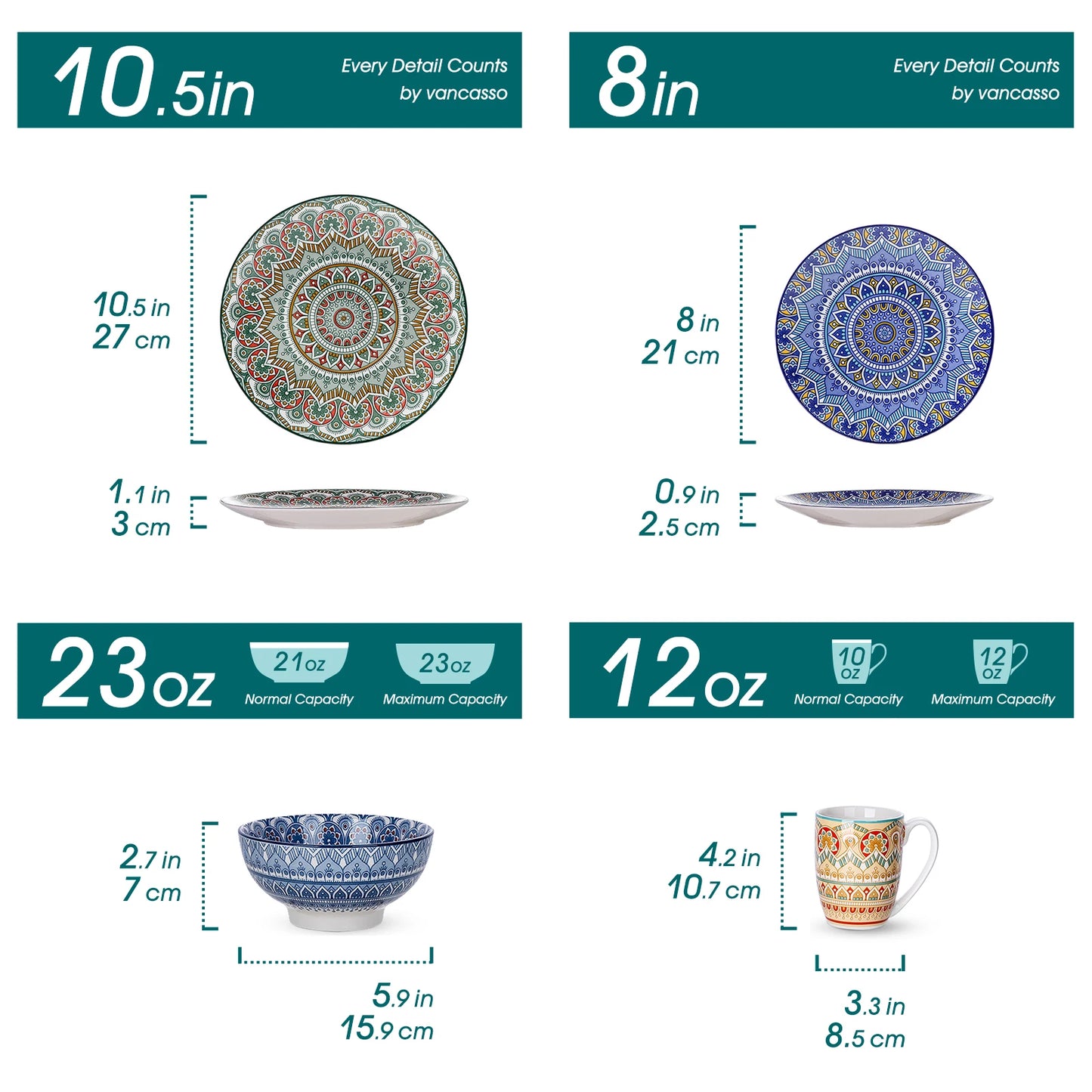 MALACASA Mandala Geometric Ceramic Dinnerware Set With Plates Bowls Mugs