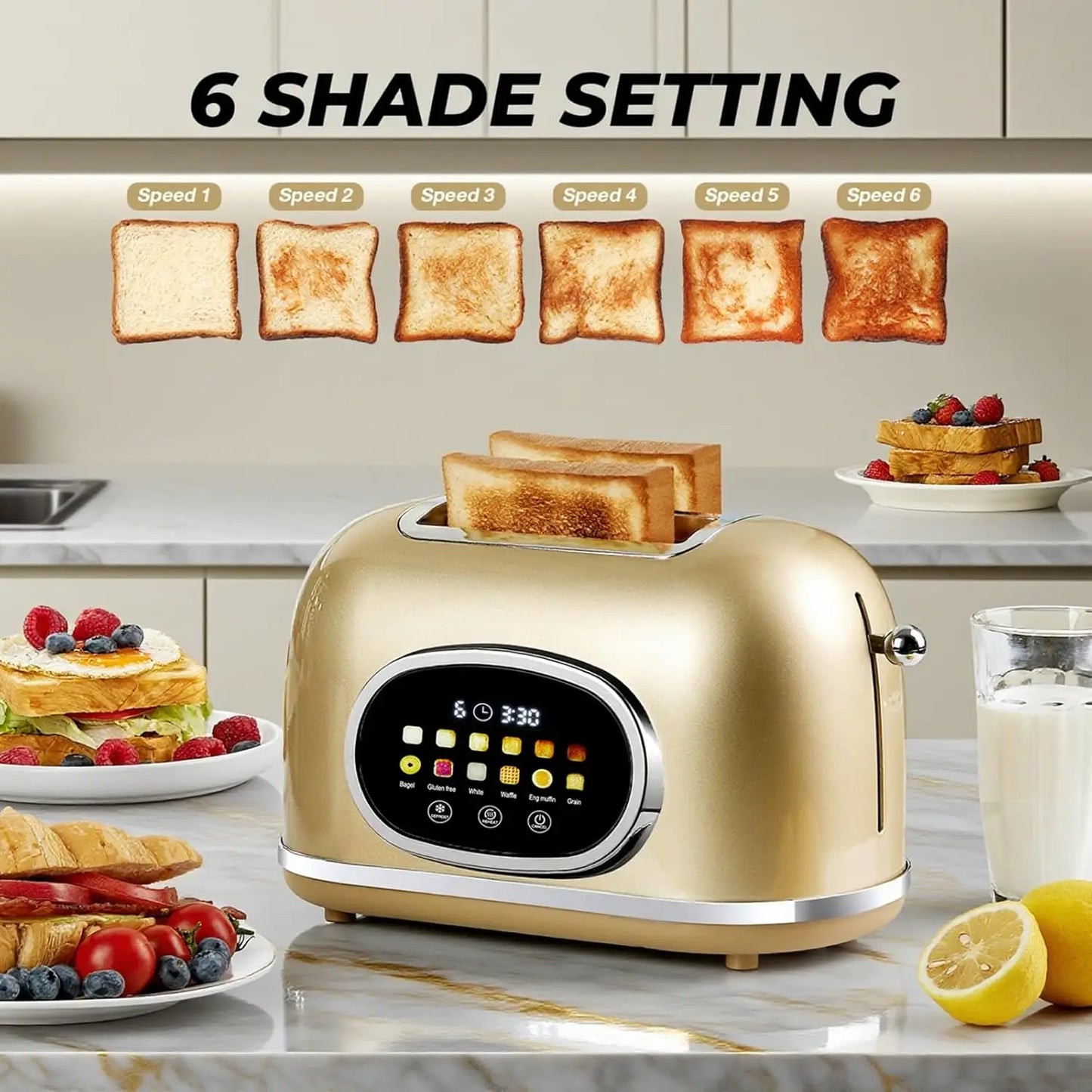 Smart Touchscreen Two Slice Toaster Digital Timer Defrost Reheat Settings