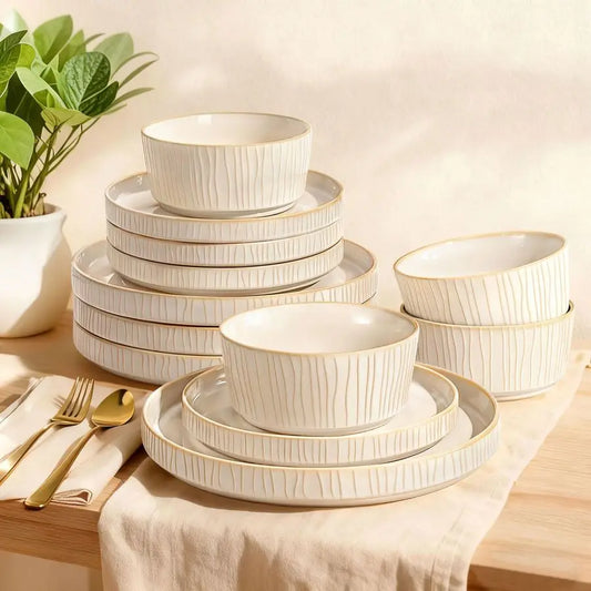 Stoneware Dinnerware Sets For 4 12 Piece Ribbed Reactive Glaze